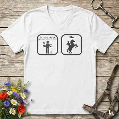 white V-neck tee with Age Appropriate Design on the front