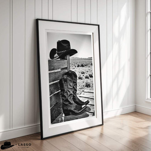 Cowboy Hat and Boots on Bench Print
