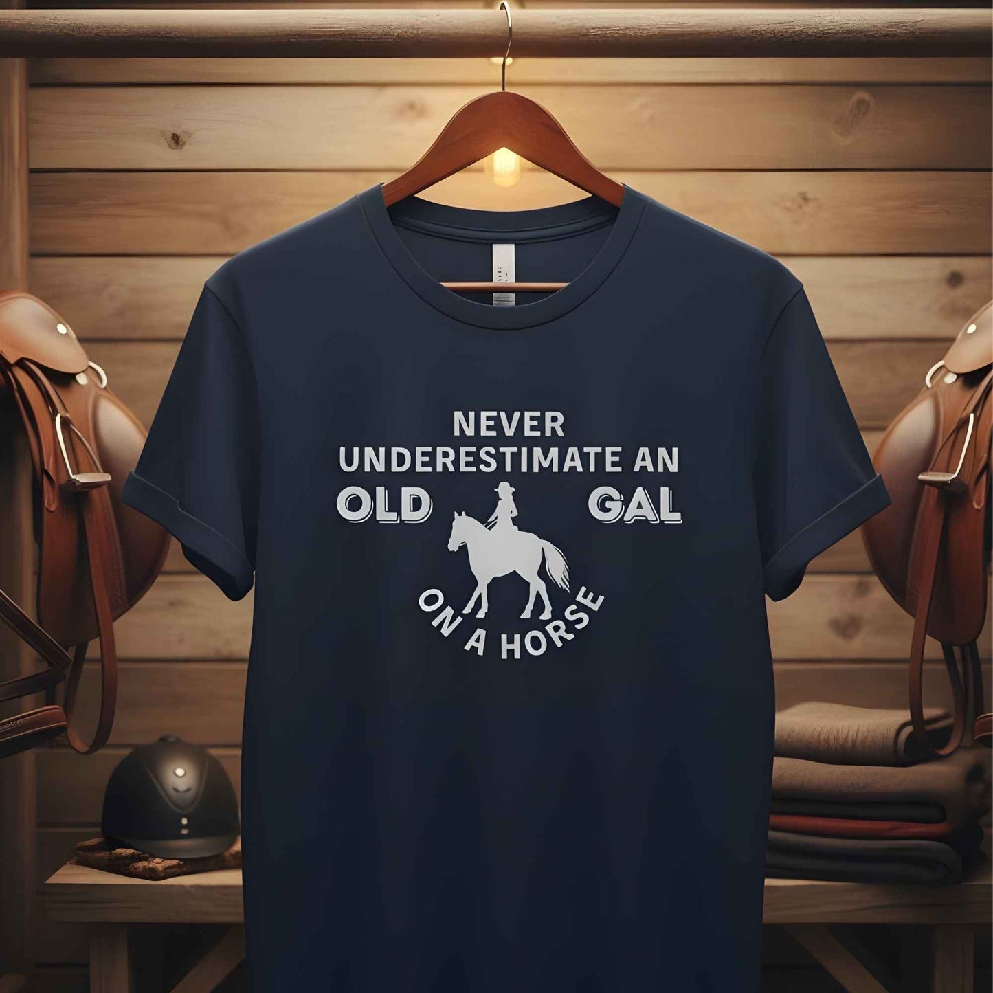 hanging tee Never Underestimate an Old Gal on a Horse T-Shirt. Western Graphic Tee for Horse Lovers.