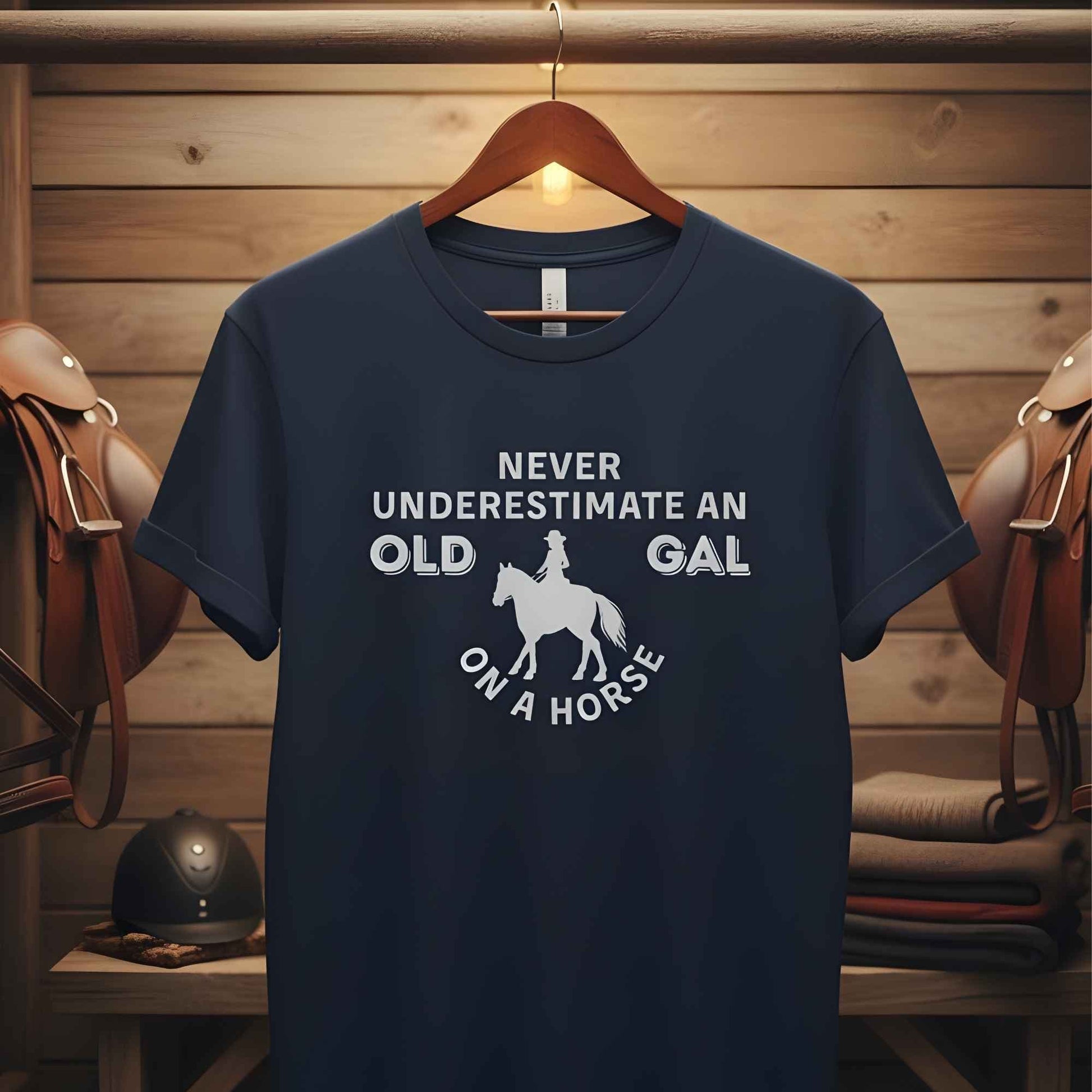 hanging tee Never Underestimate an Old Gal on a Horse T-Shirt. Western Graphic Tee for Horse Lovers.