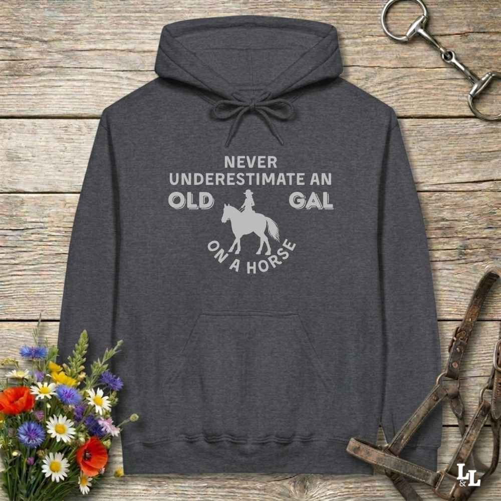 gray Never Underestimate an Old Gal on a Horse Hoodie. Horse Rider Hoodie.