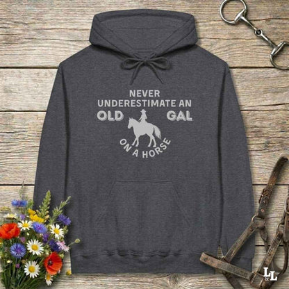 gray Never Underestimate an Old Gal on a Horse Hoodie. Horse Rider Hoodie.
