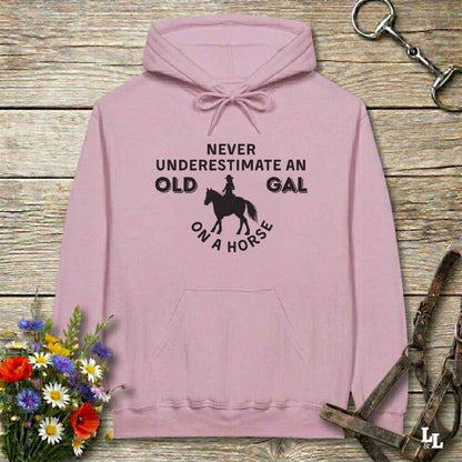 pink Never Underestimate an Old Gal on a Horse Hoodie. Horse Rider Hoodie.