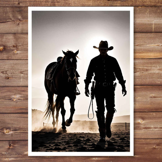 Silhouette of a cowboy and horse walking together 