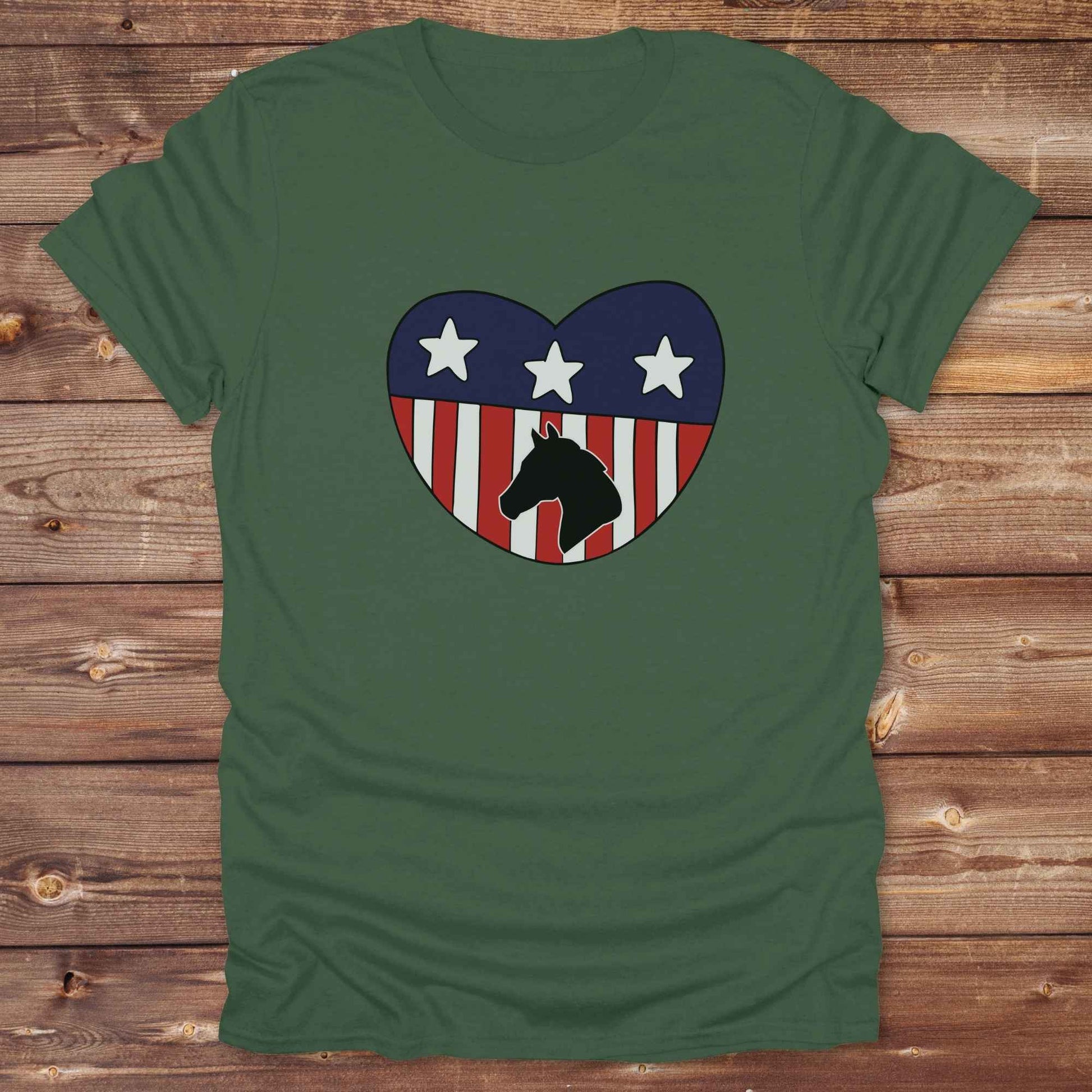 Celebrate your love for horses and the USA with our Horse Love USA T-Shirt, designed for western lifestyle lovers, cowgirls, and equestrian fans alike. Featuring a bold horse silhouette and a heart-shaped USA flag, this tee is perfect for USA horse riders who enjoy rustic country charm and humor. 