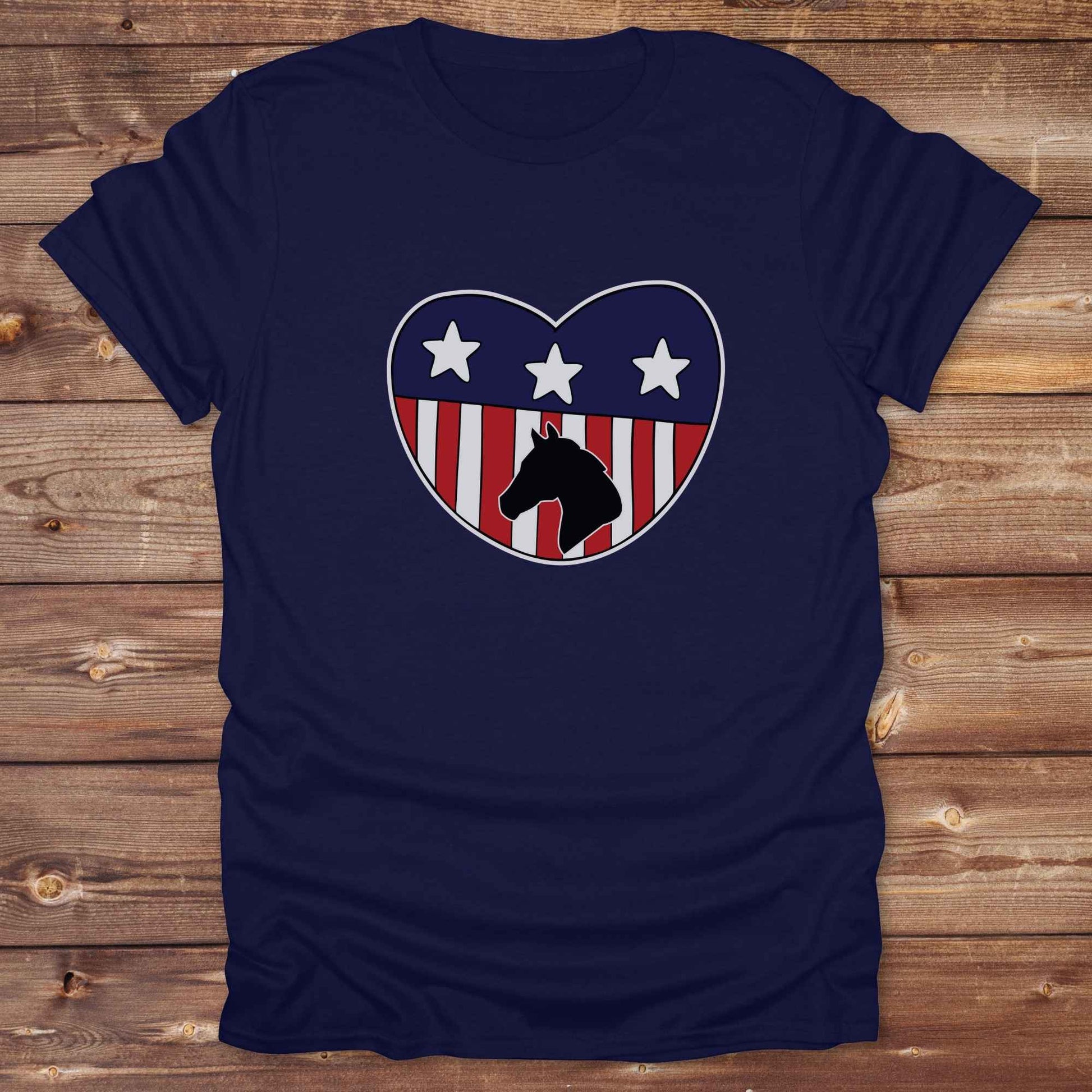 Celebrate your love for horses and the USA with our Horse Love USA T-Shirt, designed for western lifestyle lovers, cowgirls, and equestrian fans alike. Featuring a bold horse silhouette and a heart-shaped USA flag, this tee is perfect for USA horse riders who enjoy rustic country charm and humor. 