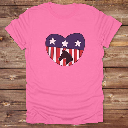 Celebrate your love for horses and the USA with our Horse Love USA T-Shirt, designed for western lifestyle lovers, cowgirls, and equestrian fans alike. Featuring a bold horse silhouette and a heart-shaped USA flag, this tee is perfect for USA horse riders who enjoy rustic country charm and humor. 