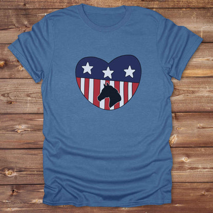 Celebrate your love for horses and the USA with our Horse Love USA T-Shirt, designed for western lifestyle lovers, cowgirls, and equestrian fans alike. Featuring a bold horse silhouette and a heart-shaped USA flag, this tee is perfect for USA horse riders who enjoy rustic country charm and humor. 