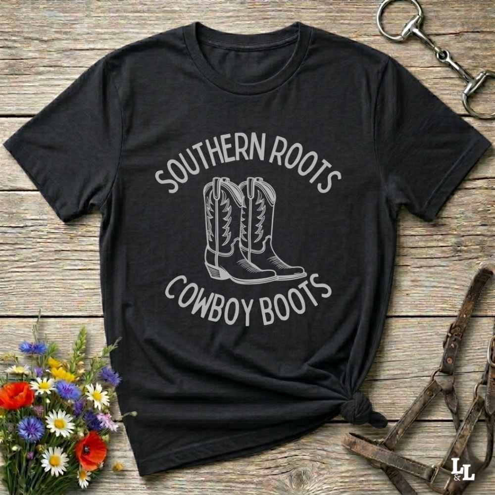 black tee. Celebrate your country soul with our “Southern Roots Cowboy Boots” graphic tee perfect for cowgirls, rodeo lovers, and anyone who lives for barn life and western fashion. Featuring bold western typography and iconic cowboy boots artwork, this shirt is a must have for horse lovers and southern style fans alike. Ideal for gifts, rodeo events, or everyday rustic living, it’s designed for comfort, style, and soul. Whether you're headed to the stables, the saloon, or Sunday brunch on the farm.