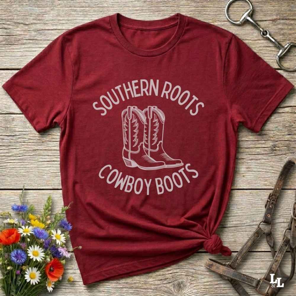 red tee. Celebrate your country soul with our “Southern Roots Cowboy Boots” graphic tee perfect for cowgirls, rodeo lovers, and anyone who lives for barn life and western fashion. Featuring bold western typography and iconic cowboy boots artwork, this shirt is a must have for horse lovers and southern style fans alike. Ideal for gifts, rodeo events, or everyday rustic living, it’s designed for comfort, style, and soul. Whether you're headed to the stables, the saloon, or Sunday brunch on the farm.