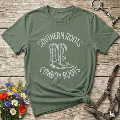 green tee. Celebrate your country soul with our “Southern Roots Cowboy Boots” graphic tee perfect for cowgirls, rodeo lovers, and anyone who lives for barn life and western fashion. Featuring bold western typography and iconic cowboy boots artwork, this shirt is a must have for horse lovers and southern style fans alike. Ideal for gifts, rodeo events, or everyday rustic living, it’s designed for comfort, style, and soul. Whether you're headed to the stables, the saloon, or Sunday brunch on the farm.