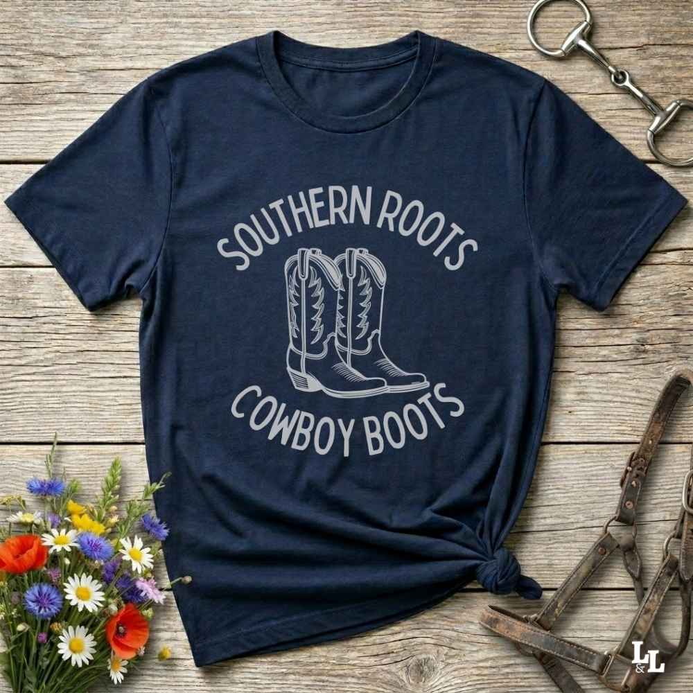 navy blue tee. Celebrate your country soul with our “Southern Roots Cowboy Boots” graphic tee perfect for cowgirls, rodeo lovers, and anyone who lives for barn life and western fashion. Featuring bold western typography and iconic cowboy boots artwork, this shirt is a must have for horse lovers and southern style fans alike. Ideal for gifts, rodeo events, or everyday rustic living, it’s designed for comfort, style, and soul. Whether you're headed to the stables, the saloon, or Sunday brunch on the farm.