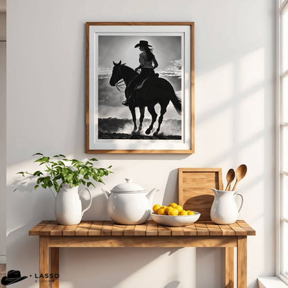 Silhouette Cowgirl on Horse Print