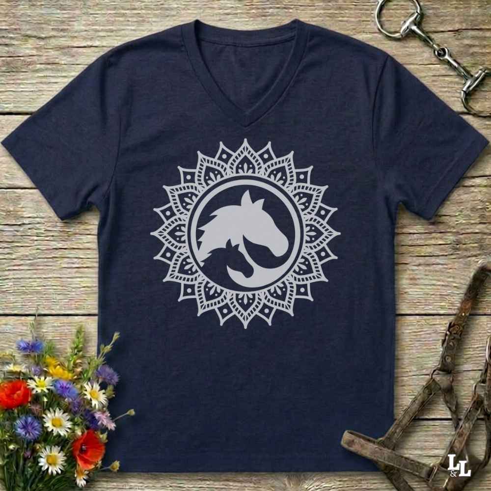 A navy blue V-neck t-shirt with a white mandala-style horse graphic on the chest, laid flat on a rustic wooden surface with equestrian accessories and flowers around it.