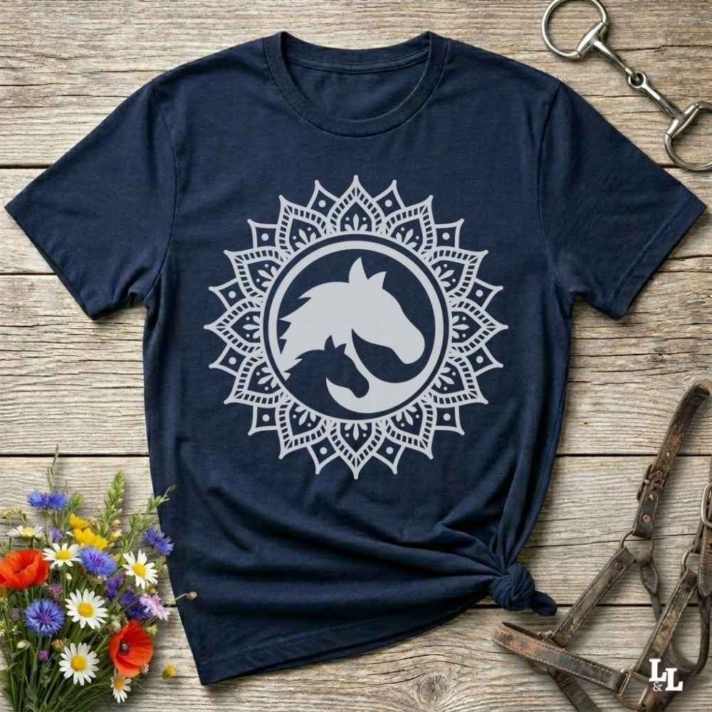 navy blue Mandala Horse T-Shirt combines boho spirituality and western soul, perfect for cowgirls, cowboys, horse lovers, and rodeo fans. Features an intricate mandala design with a majestic horse at the center, this tee speaks to those who love rustic country style with spiritual flair. Whether you're trail riding, heading to a barn dance, or simply showing off your equestrian pride, this shirt is the ideal blend of comfort and expression. Designed for mindful western wearers and horse lovers alike, birthd