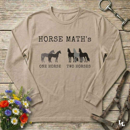 beige Horse Maths Long Sleeve Tee for Horse Lovers, Riding Wear Barn Sweatshirt