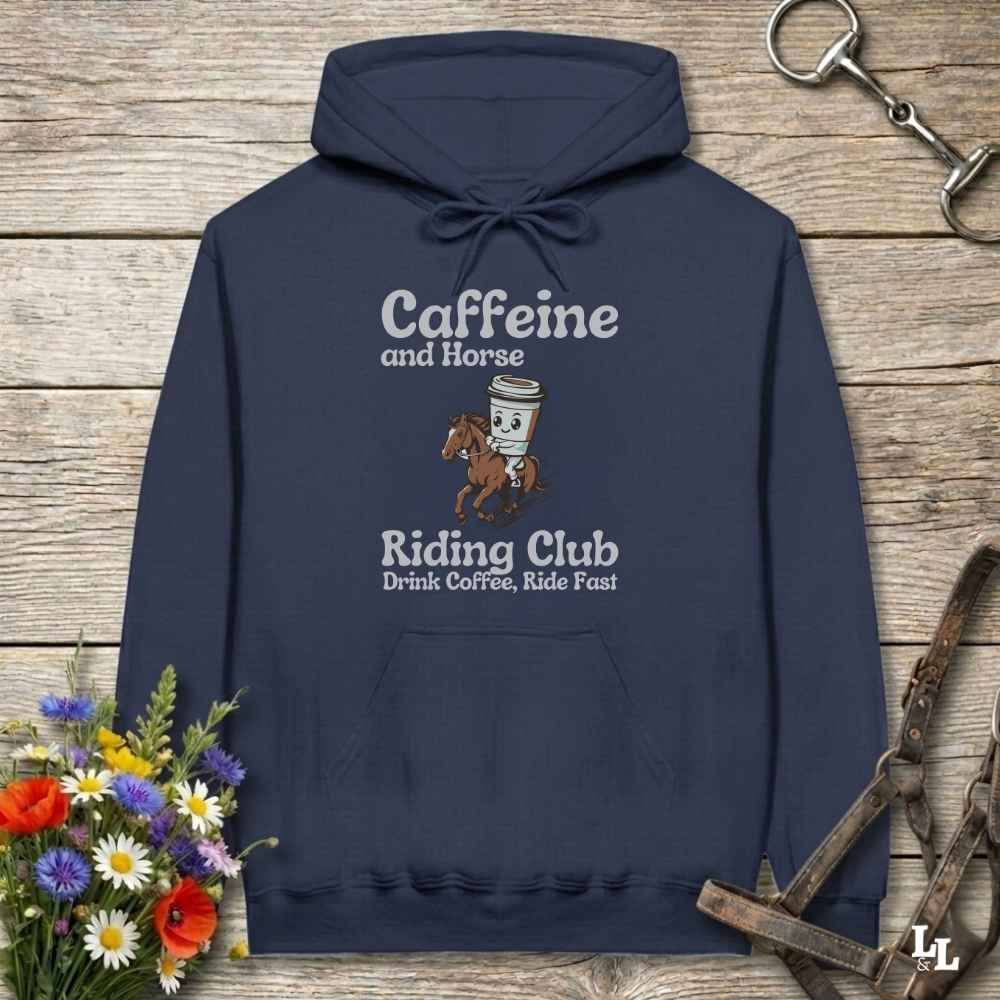 navy blue Coffee Riding Club Hoodie for Horse Lovers, Trail back Riding Apparel