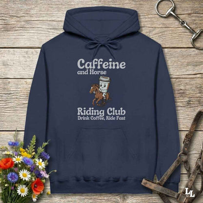 navy blue Coffee Riding Club Hoodie for Horse Lovers, Trail back Riding Apparel