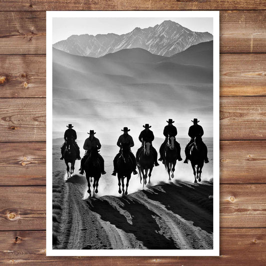 Line of cowboys riding their horses in desert landscape