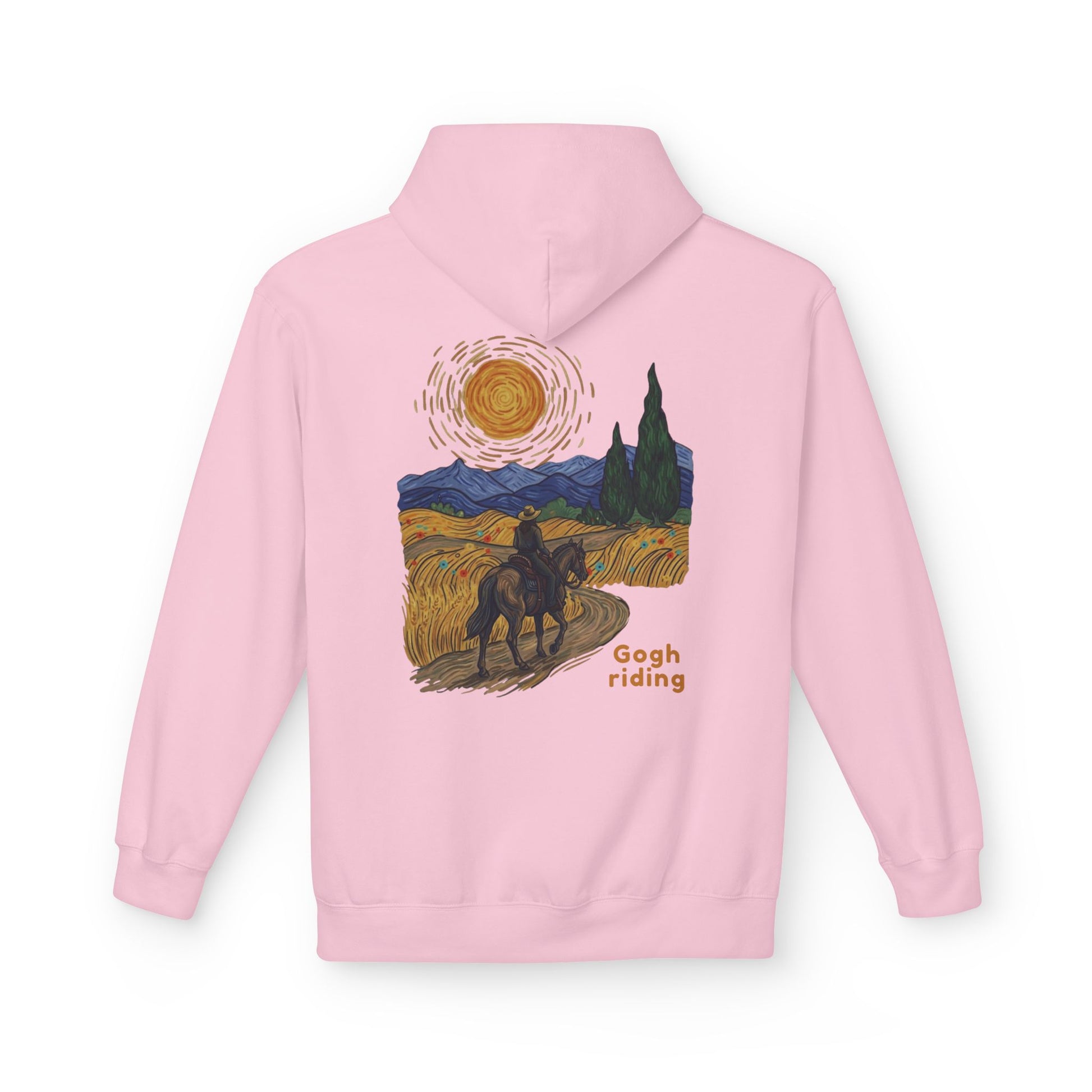 A light pink pullover hoodie shown from the back, featuring a stylized graphic print inspired by Van Gogh's 'Starry Night' with a rider on a horse, a bright sun, and the text 'Gogh riding'.