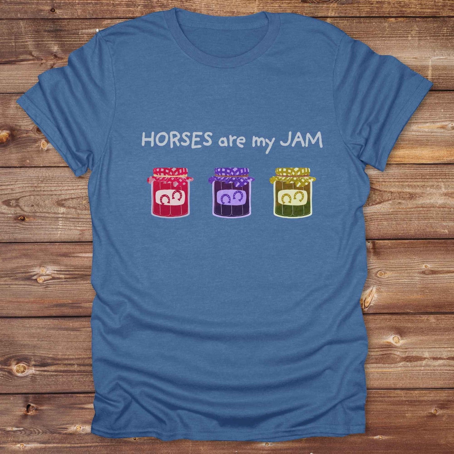 heather royal blue Horses Are My Jam graphic horse lover t-shirt with bold typography and western flair