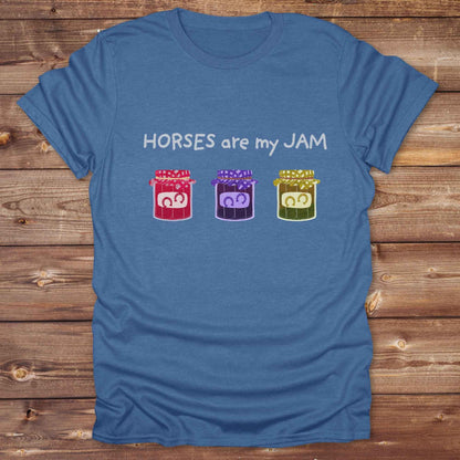 heather royal blue Horses Are My Jam graphic horse lover t-shirt with bold typography and western flair