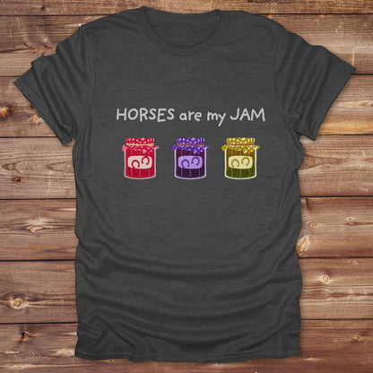 dark heather grey Fun equine tee reading ‘Horses Are My Jam’ in rustic western style on cotton shirt