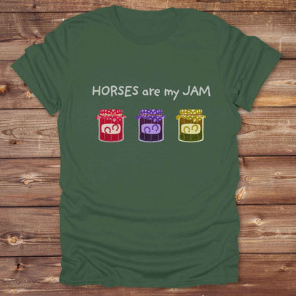 military green Cowgirl/horse rider shirt: ‘Horses Are My Jam’ design with horse shoes
