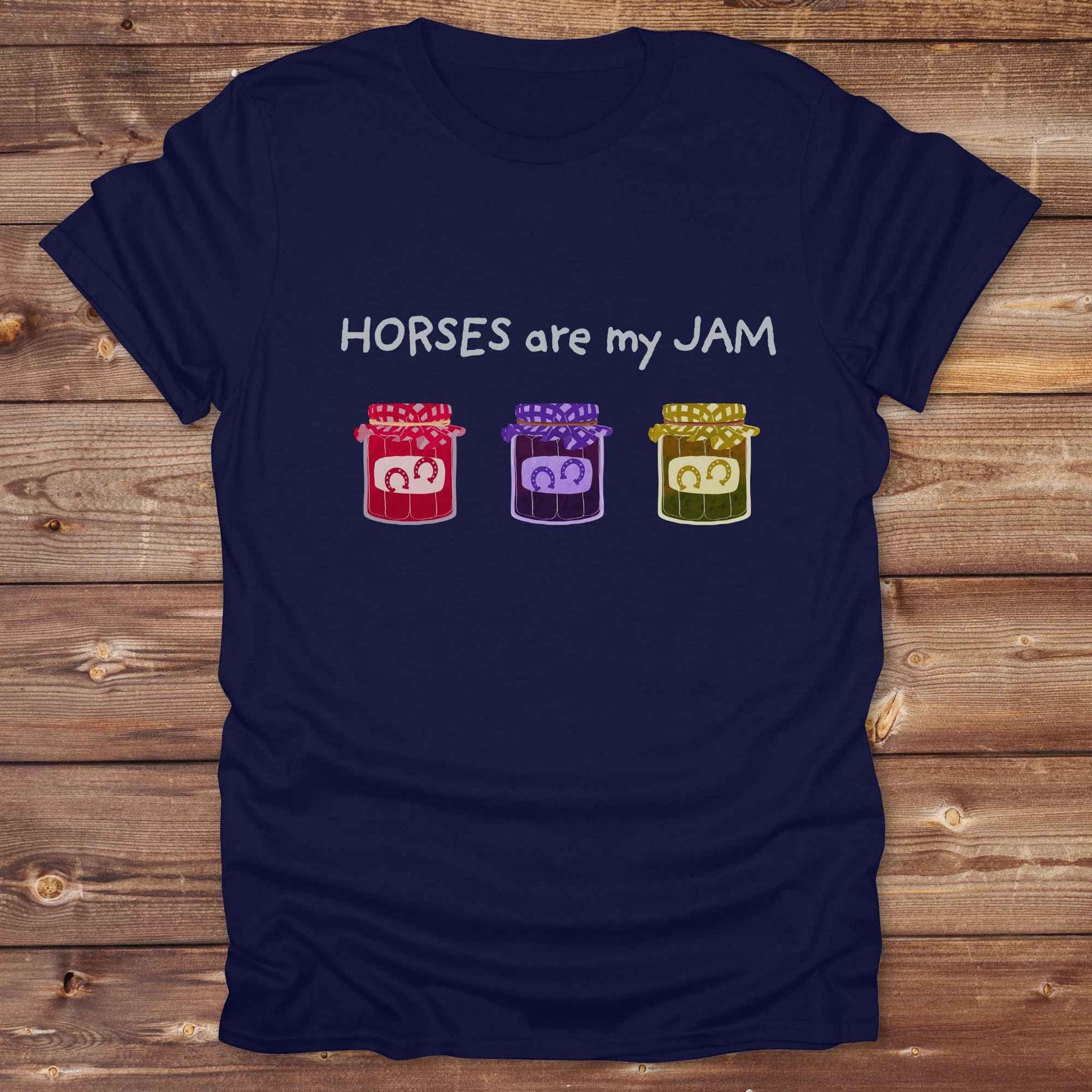 navy blue Western horse tee with slogan ‘Horses Are My Jam’ ideal for barn days and casual wear