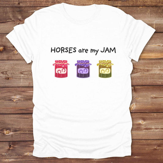 white Rustic horse graphic t-shirt with phrase ‘Horses Are My Jam’ for equine enthusiasts