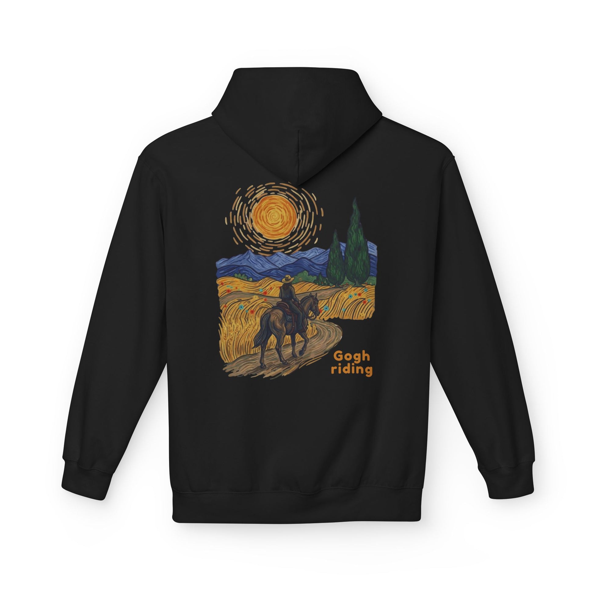 A black pullover hoodie shown from the back, featuring a large graphic print inspired by Van Gogh's Starry Night with a rider on a horse and the text 'Gogh riding'.