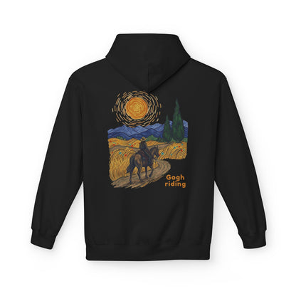 A black pullover hoodie shown from the back, featuring a large graphic print inspired by Van Gogh's Starry Night with a rider on a horse and the text 'Gogh riding'.