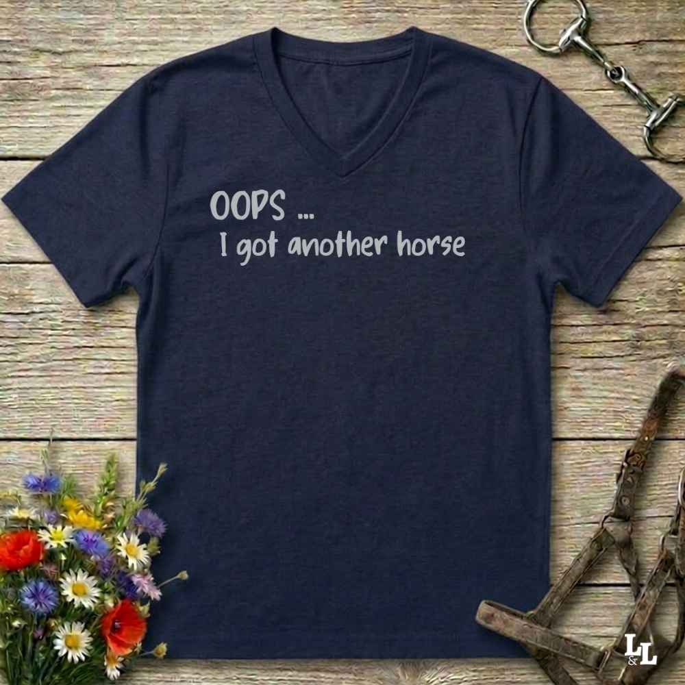 A navy blue V-neck t-shirt with the text 'OOPS .
