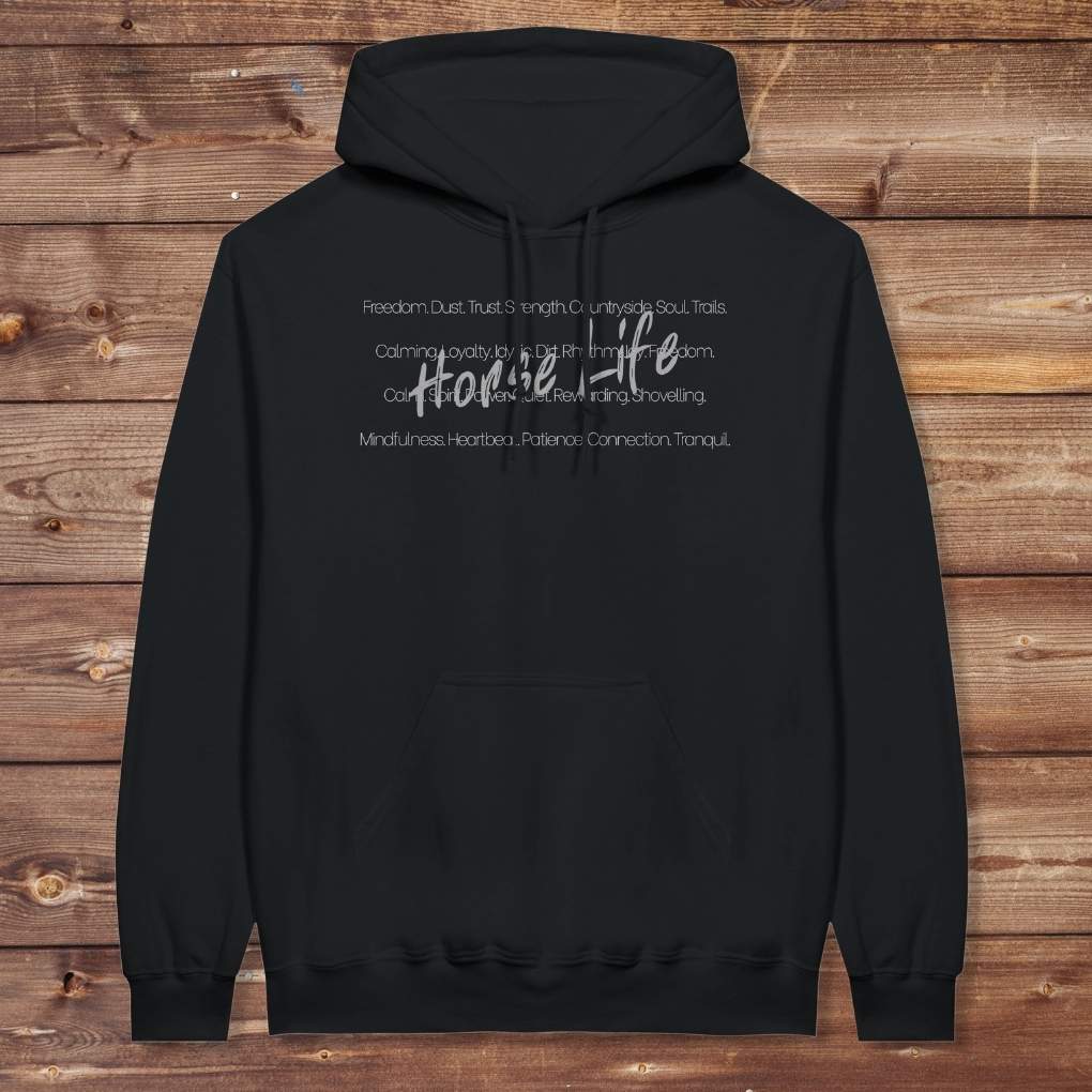 Black Horse Life Words Hoodie for Horse Lovers, Barn Apparel for Riders
