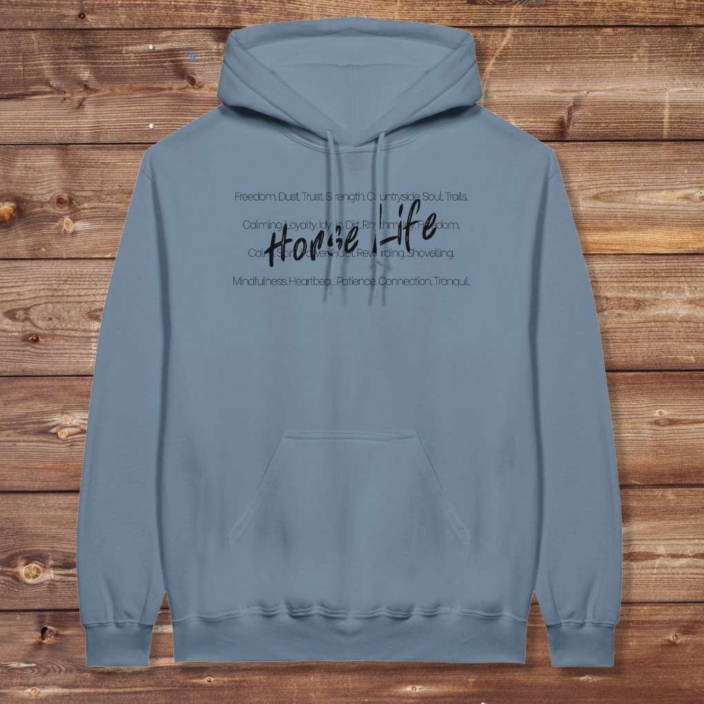 Blue Horse Life Words Hoodie for Horse Lovers, Barn Apparel for Riders