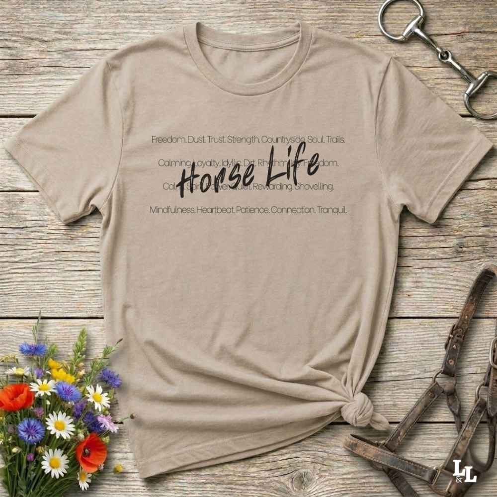 beige Horse Life Words T-Shirt, Horse Lover Tee, Western Style Cowgirl Shirt, Equine T-Shirts, Cowboy Graphic Tee