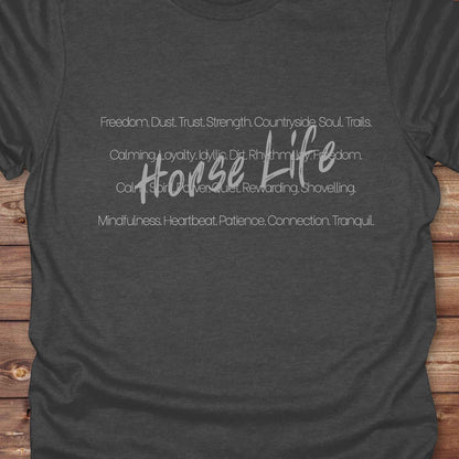 Horse Life Words T-Shirt, Horse Lover Tee, Western Style Cowgirl Shirt, Equine T-Shirts, Cowboy Graphic Tee close up on dark heather grey tee
