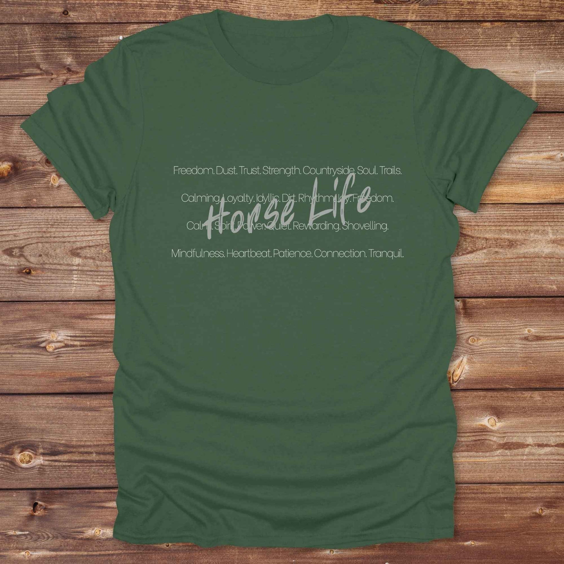 military green Horse Life Words T-Shirt, Horse Lover Tee, Western Style Cowgirl Shirt, Equine T-Shirts, Cowboy Graphic Tee