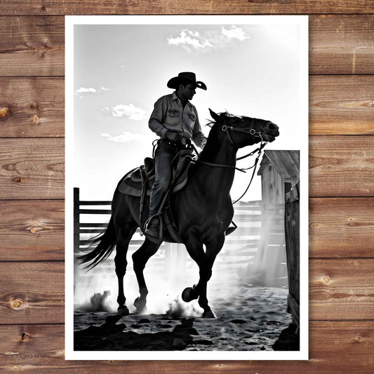 cowboy on his horse in desert western landscape ranch style setting