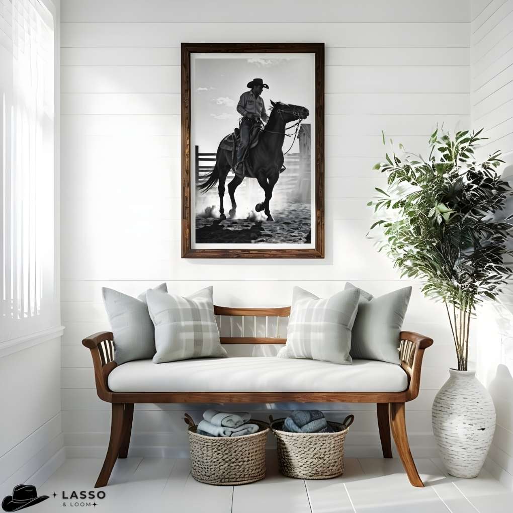 Living room with wooden bench, framed black and white artwork of a cowboy on horseback, and decorative elements.