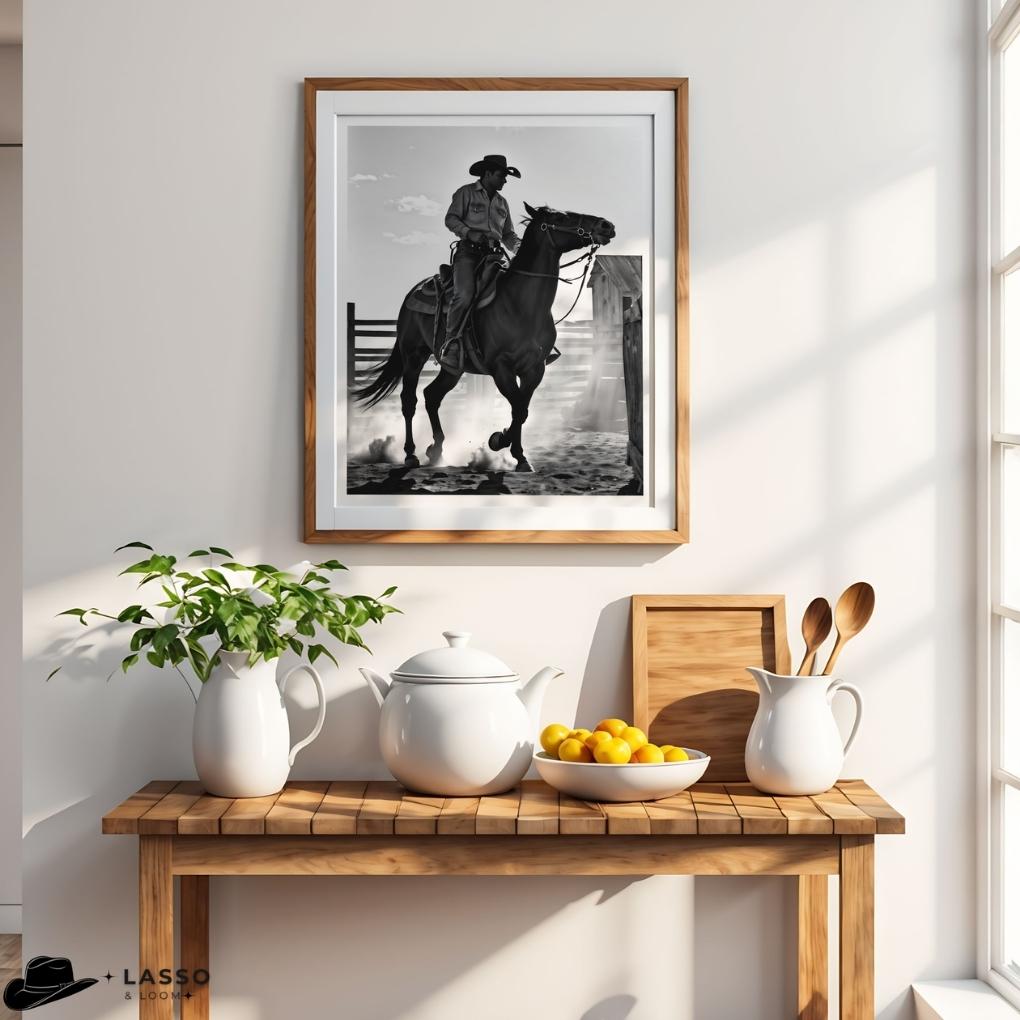 Framed black and white artwork of a person on horseback above a wooden table with a teapot, lemons, and a plant.
