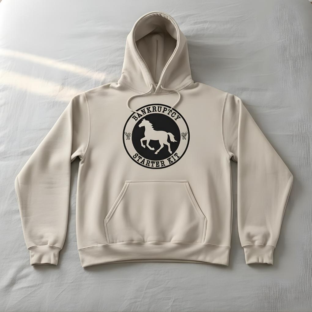Beige hoodie with a black graphic design on a light gray background. Bankruptcy Starter Kit Hoodie for Horse Lovers, Barn Apparel Wear