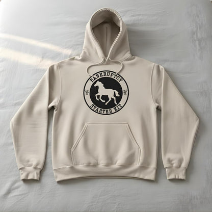 Beige hoodie with a black graphic design on a light gray background. Bankruptcy Starter Kit Hoodie for Horse Lovers, Barn Apparel Wear