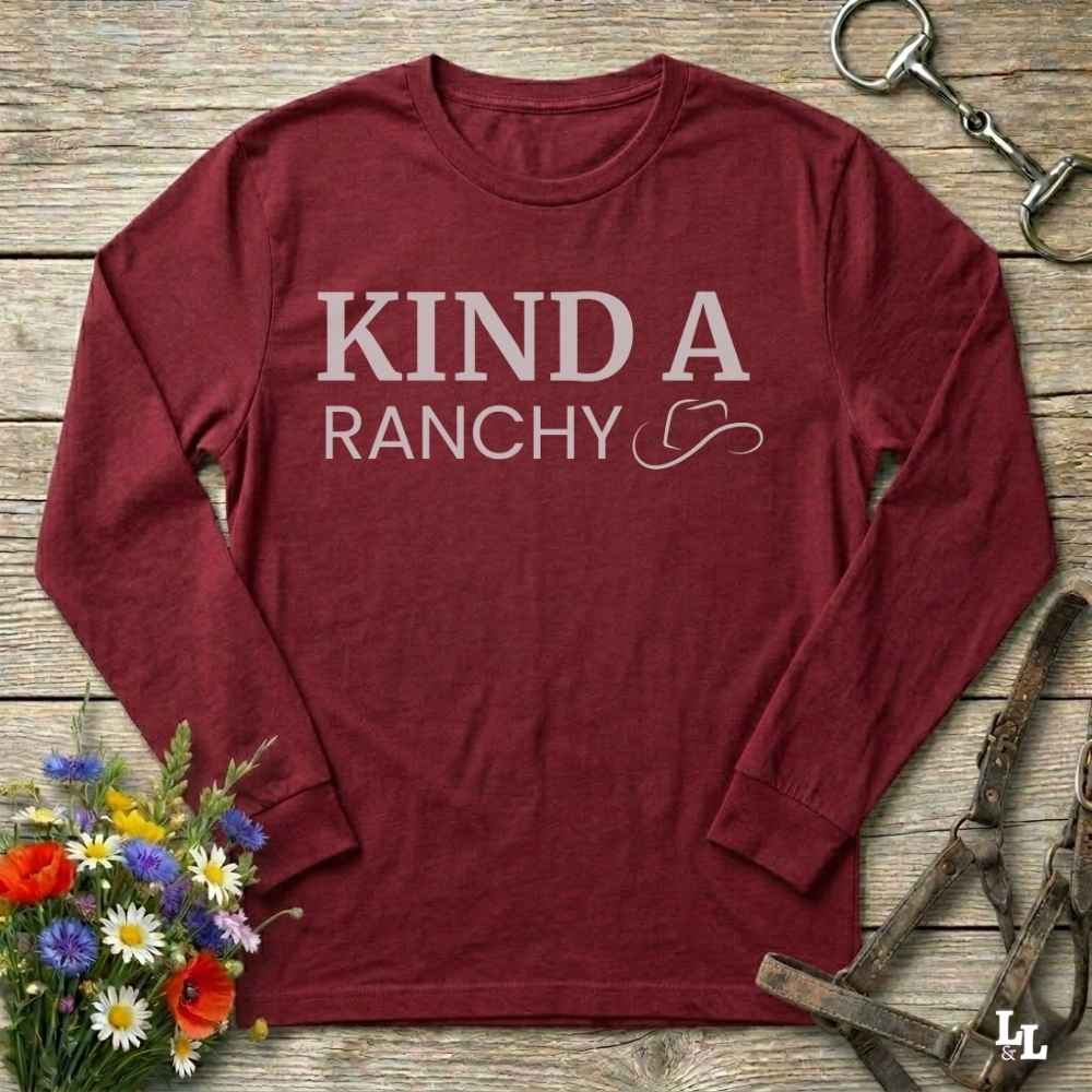 red  Kind a Ranchy Long Sleeve Tee for Horse Lovers, Barn Wear Equestrian Apparel