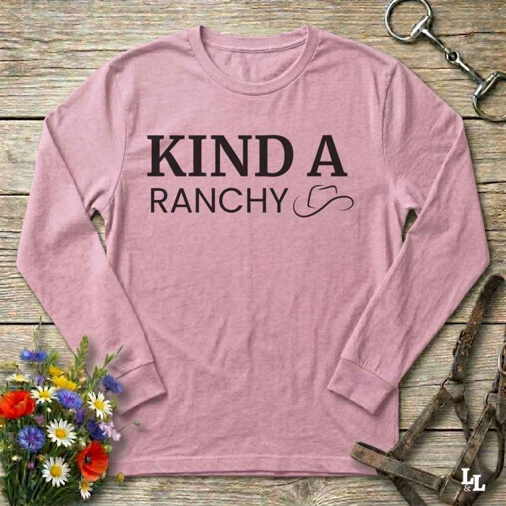 pink  Kind a Ranchy Long Sleeve Tee for Horse Lovers, Barn Wear Equestrian Apparel