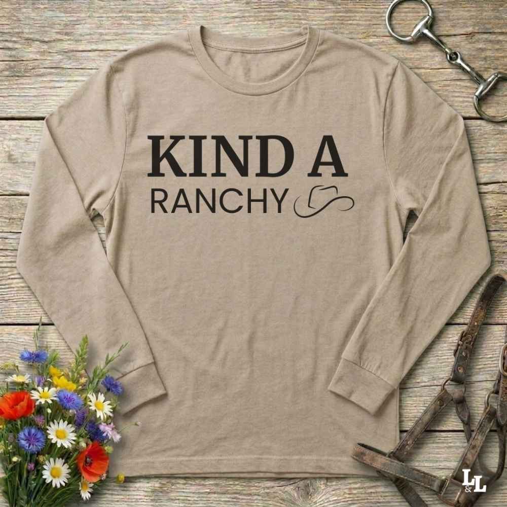 beige  Kind a Ranchy Long Sleeve Tee for Horse Lovers, Barn Wear Equestrian Apparel