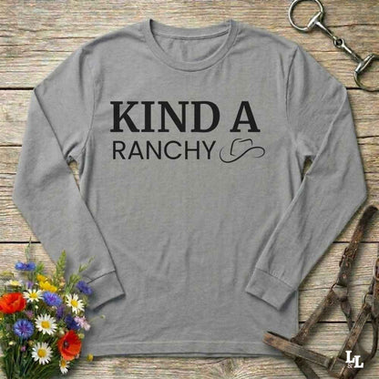 gray  Kind a Ranchy Long Sleeve Tee for Horse Lovers, Barn Wear Equestrian Apparel