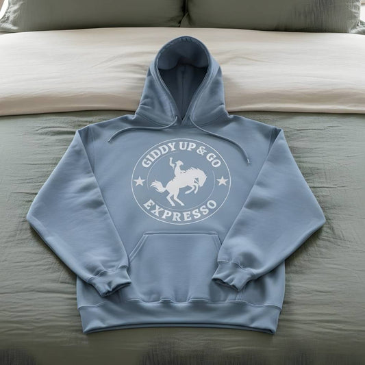 Light blue hoodie with a horse graphic and text on a beige surface. Giddy up and Go Hoodie for Horse Lovers, Barn Apparel Cowgirl Sweatshirt