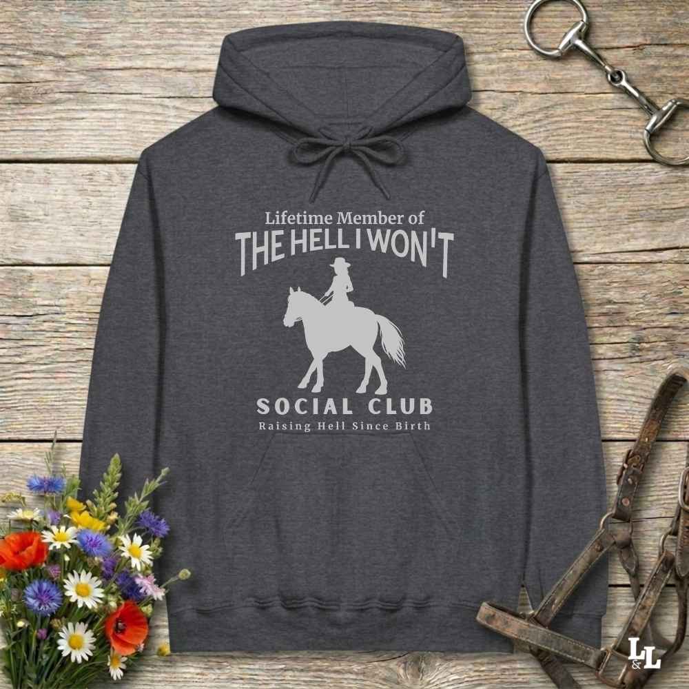 gray The Hell I Won't Hoodie for Horse Lovers, Cowgirl Sweatshirt Horse Riding Apparel