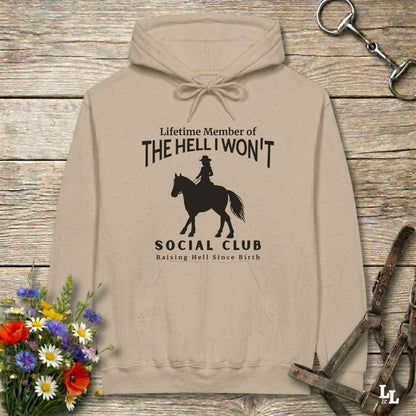 beige The Hell I Won't Hoodie for Horse Lovers, Cowgirl Sweatshirt Horse Riding Apparel